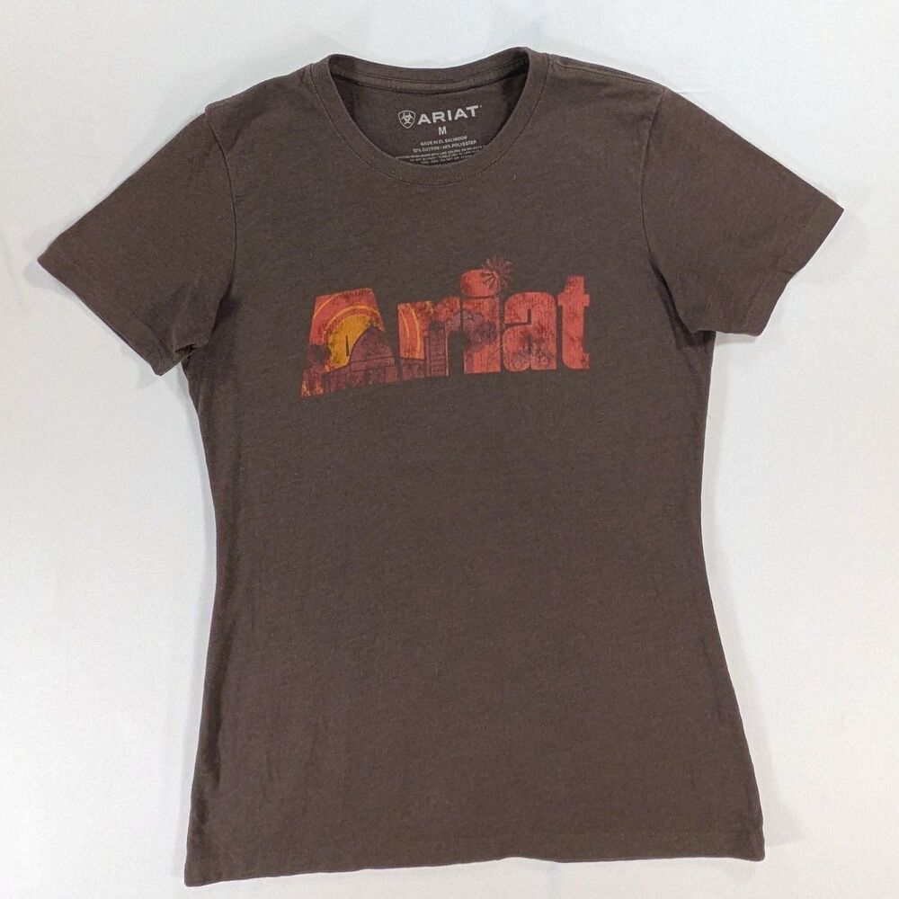 Ariat T-Shirt Womens med. brown Graphic Logo Crew Neck Short Sleeve Western Tee